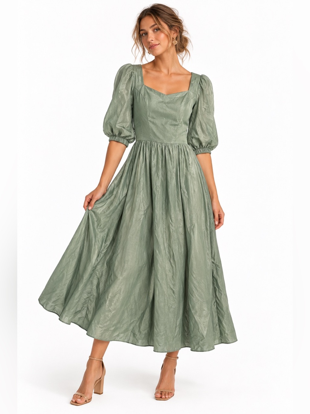 JessaKae Satin Modest Puff Sleeve V-Neck Maxi - Sage